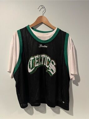 Boston Celtics The Wild Collective Twofer Crop Tee Black Mesh Sequins, Size XL